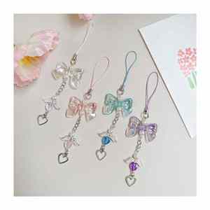 Correa de cuentas para teléfono móvil con dije de corazón y lazo de mariposa, bonita para colgar, accesorios para llavero de teléfono móvil - Product Image 1