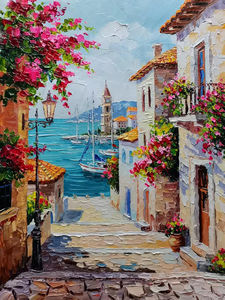 Peinture à l'huile de la cour enceinte méditerranéenne, <span class=keywords><strong>paysage</strong></span> de village côtier, toile peinte à la main, art mural réaliste avec fleurs et <span class=keywords><strong>mer</strong></span> - Product Image 2