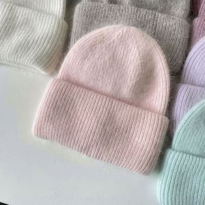 Wholesale Solid Color Angora Rabbit Fur Winter Cap Custom Logo Women <b>Men</b> Fisherman Classic Cuffed Ski Style Knitted Beanies <b>Hat</b> - Product Image 5