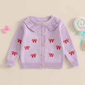 Cardigan en tricot à col rond en coton pour filles du <span class=keywords><strong>printemps</strong></span>, vêtements décontractés pour tout-petits, pull à broderies, vêtements pour enfants, sur mesure - Product Image 1