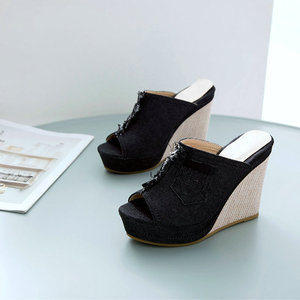 Fashionable Korean Style Denim Women's Slippers <strong>With</strong> <strong>Wedge</strong> Heel Summer Outwear Shoes New <strong>Platform</strong> Design for Foreign Trade - Product Image 6