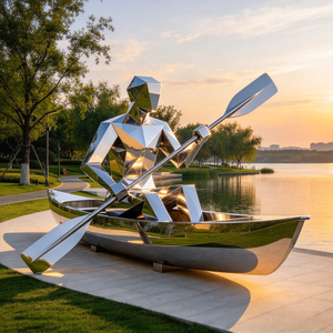 Escultura de Acero Inoxidable de Gran Tamaño, Arte Metálico Personalizado, Hombre Remando con Bote y Remos, Acabado Pulido Espejo, para Decoración de Plazas y Lagos - Product Image 3
