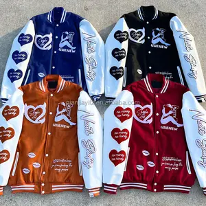 Custom Chenille Borduurwerk Logo Buitenshuis Honkbal Losse Casual Varsity Sport Jersey Groen Blauw Roze Baseball Jack Voor Mannen