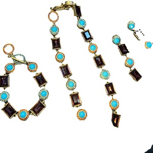 Conjunto de collar, pendientes y pulsera de aleación chapada en oro con turquesa, estilo bohemio vintage francés exagerado para mujer, alta calidad de China - Product Image 5