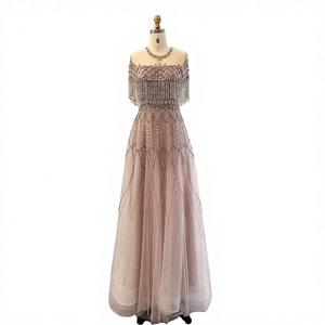 Robe de soirée élégante pour femme SZ061, style Dubaï, épaules dénudées, coupe trapèze, longueur ras du sol, en organza, ornée de perles, antistatique - Product Image 1
