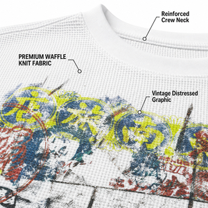 Wholesale Bulk Distressed Y2K Thermal <b>Waffle</b> Long Sleeve Oversized T-<b>shirt</b> Manufacturer 330gsm Heavyweight Streetwear Character - Product Image 4
