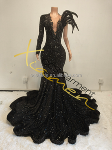 Ocstrade Neu eingetroffen Pailletten-Abendkleid, elegantes, schulterfreies, langärmliges Ballkleid mit Feder-Pailletten und Strasssteinen, Schwarz - Product Image 5