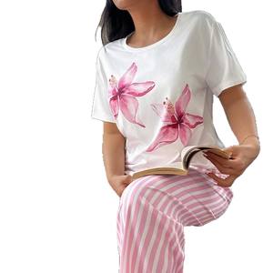 Conjunto de Pijama de Verano para <span class=keywords><strong>Mujer</strong></span>, Personalizado de Fábrica, con Estampado de Mariposas, Transpirable, de Secado Rápido, Top de Manga Corta y Pantalones Rectos - Product Image 2
