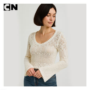 Fabricante de prendas de punto, suéter recortado de cuello redondo personalizado para mujer, suéter de punto de malla de ganchillo, suéter de verano para mujer - Product Image 2