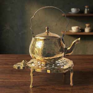 <b>Vintage</b> Brass Tea <b>Kettle</b> With Lid Metal Handle Ornate Design Stand Included - Product Image 4