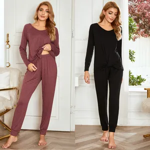 Solid Long Sleeve Trousers Loungewear Women's Sleepwear 2 Piece Pajamas Set For Women Set