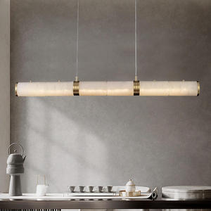 Long Cylindrical <b>Pendant</b> Light With Alabaster Shade Warm White LED 3500K Dimmable <b>E27</b> Bulb Base Gold Finish For Dining - Product Image 1