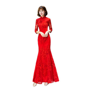 ชุดกี่เพ้าทรงเมอร์เมดสีแดงสำหรับผู้หญิง <span class=keywords><strong>แขน</strong></span><span class=keywords><strong>ยาว</strong></span> ทรงเข้ารูป <span class=keywords><strong>ยาว</strong></span>คลุมเท้า เหมาะสำหรับงานแต่งงาน งานเลี้ยงตอนเย็น ดีไซน์หรูหรา สไตล์ Fishtail Toasting Cheongsam สำหรับฤดูใบไม้ผลิ - Product Image 5