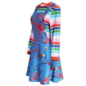 Robe Chucky pour femme, costume de cosplay d'Halloween, tenue de fête à thème d'horreur, jupe bleue rayée à manches longues - Product Image 4