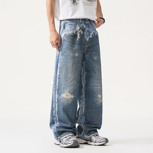 Celana Jeans Berkualitas Tinggi Model AC Style Y2K Hip Hop Distressed 3D Print Digital Print Faux Two-piece Longgar Lurus - Product Image 6