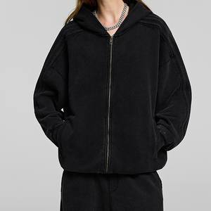 High Quality Spliced Oversized Acid Wash <strong>Hoodie</strong> Custom <strong>Zip</strong> up Distress <strong>Hoodie</strong> 100% Cotton Plain Zipper Hoodies - Product Image 3