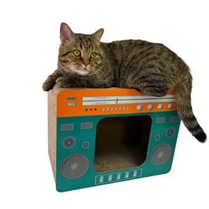 PETCHEER Retro Radio TV Fun Vertical Corrugated Paper Wear-resistant Cat Scratcher House