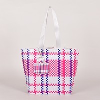 Sacs de courses réutilisables en tissu tissé PP à carreaux de luxe, sacs de shopping robustes à motif damier avec mini pochette pour la vente au détail de vêtements