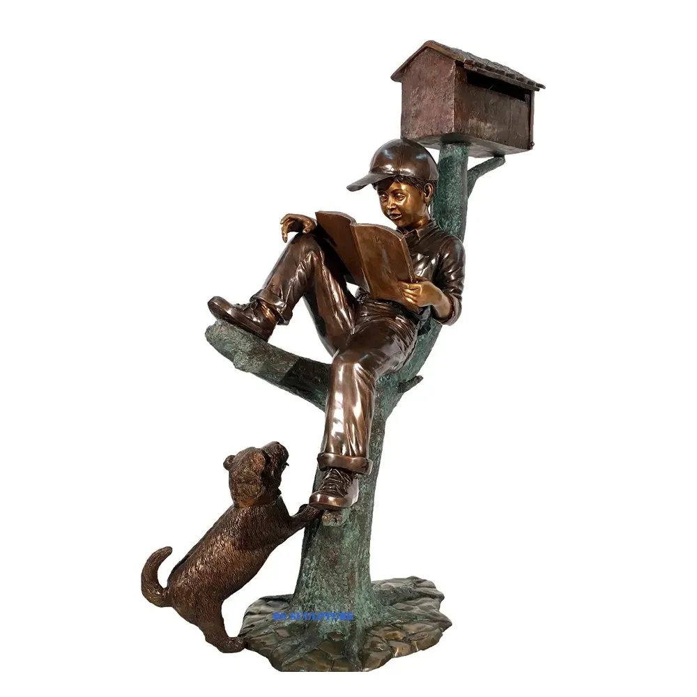 Satılık köpek posta kutusu heykel ile Modern stil bronz çocuk okuma kitabı