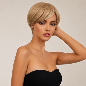 Perruque courte synthétique beige blonde style pixie, avec frange latérale, perruque complète tendance pour <span class=keywords><strong>femme</strong></span> moderne, vente en gros d'usine - Product Image 5