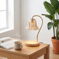 Lampe chauffe-bougie électrique avec base en bois et abat-jour en verre rétro à motif floral