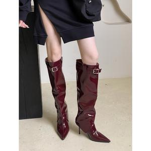 Botas de tacón alto de charol con punta para mujer 2026, con correa de hebilla, estilo caballero, por debajo de la rodilla - Product Image 4