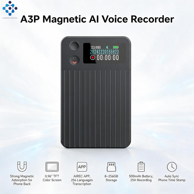 A3P AI Voice Recorder Ultra-thin Magnetic Phone 90H Recording 28 Languages Transcription WAV Aluminum Alloy Body Vertical Screen