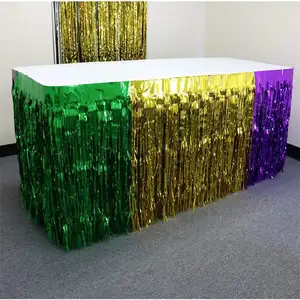 2024 Mardi Gras Decoration Carnival Metallic Tinsel Fringe Curtain Backdrop And Table Skirts Set Party Favor Supplies