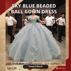 Abito da ballo blu cielo Hot Skly per Quinceañera, con scollo a cuore, perline e fiori 3D, lungo fino al pavimento, Vestidos De 15, in pizzo - Product Image 2