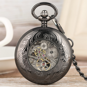 Jam tangan saku mekanis untuk pria, arloji saku kerangka Steampunk hitam kambing berongga dengan rantai & angka Romawi biru, hadiah Gotik unik untuk pria - Product Image 3
