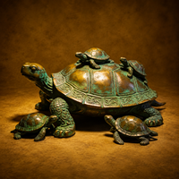 Sculpture de tortue familiale en bronze coulé à la cire perdue, patine verte antique, pour jardin extérieur, bassin et ornement paysager