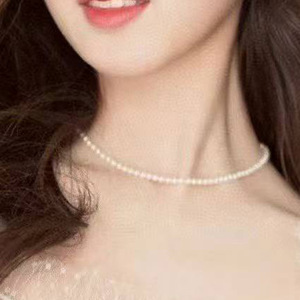 S925 Sterling <b>Silver</b> Freshwater Pearl <b>Choker</b> Necklace, 3.5-4mm High Luster Round Full Pearl Chain, Adjustable 40+5cm Chain - Product Image 4