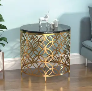 客厅家具金色不锈钢镂空台面底座圆形大理石顶边桌