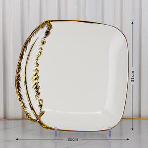 <span class=keywords><strong>Plato</strong></span> Cuadrado de <span class=keywords><strong>Porcelana</strong></span> Glam con Detalles de Plumas Doradas de Lujo, 6/7/8/9/10/12 Pulgadas, para Bodas, Despedidas de Soltera y Cenas - Product Image 4