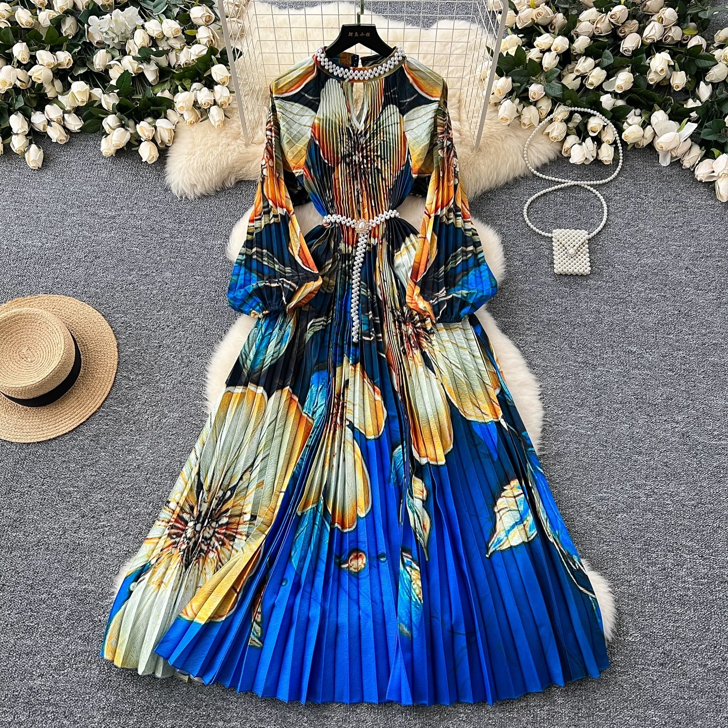 Fashion Pleated Maxi Dress For Women Lantern Sleeve Floral Print Dress Elegant Long Dresses For Women