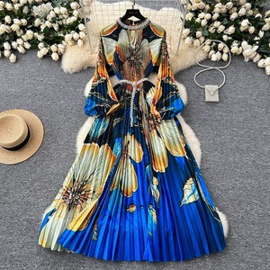 Thời trang Xếp Li Maxi Dress đối với phụ nữ Đèn lồng tay áo Floral Print Dress thanh lịch dài Dresses đối với phụ nữ - Product Image 5