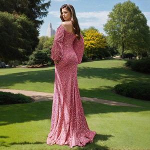 Off Shoulder <b>Sequin</b> Evening Dress With Slit Natural Waist Long Sleeve Elegant Party Gown - Product Image 2