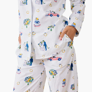 Pyjama en coton à manches longues personnalisé pour femme, ensemble de vêtements de nuit imprimés avec chemisier et pantalon à passepoil contrastant, pyjama de luxe pour femme - Product Image 2