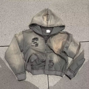 Nouvelle conception, streetwear personnalisé, lourd, uni, délavé au soleil, délavé à l'acide, coupé et cousu, strass, déchiré, double fermeture éclair, 100% coton - Product Image 1