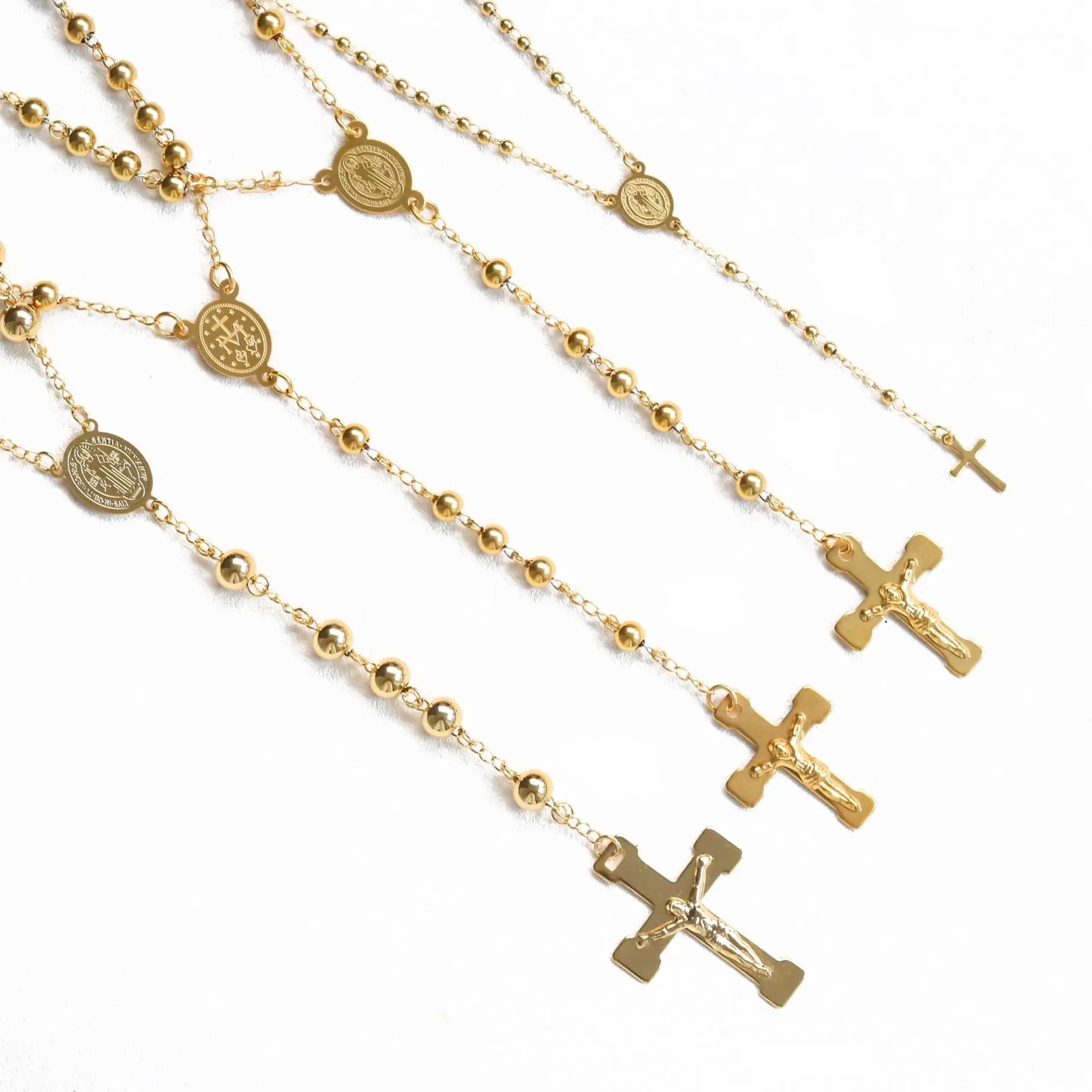 New Gold Rosary Bead Y Necklace Religious Jewelry Catholic 14K 18K 22K 24K Gold Plated Chain Jesus Cross Pendant Rosary Necklace