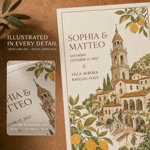 Juego de Invitaciones de Boda Estilo Costa Italiana Vintage, Ilustraciones de Pueblo y Limón, Itinerario Impreso Personalizado y Tarjetas RSVP con Formas Únicas - Product Image 2