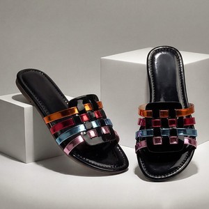 Fashion Ladies Flat Slides New Woven Patent Leather Flat for Women's Comfortable casual Autumn Metal One-strap - Product Image 3