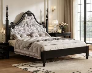 Premium Queen Size Black Wood Spindle <b>Bed</b> With Floral Upholstered Ornate Headboard For Bedroom - Product Image 2