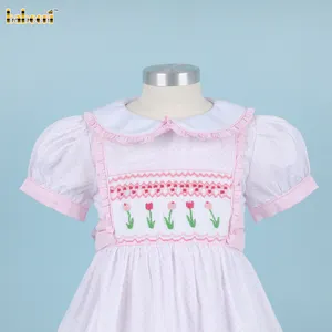 Girl Geometric Smocked Belted Dress In Pink OEM ODM kids smocked baby dress smocked girl dress kids clothing wholesale - DR3786