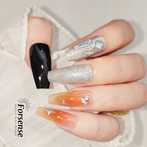 <span class=keywords><strong>Faux</strong></span> ongles 3d Luxury Medium Coffin Press on Nails Emballage personnalisé en métal noir et argent <span class=keywords><strong>Faux</strong></span> ongles à paillettes avec strass - Product Image 3