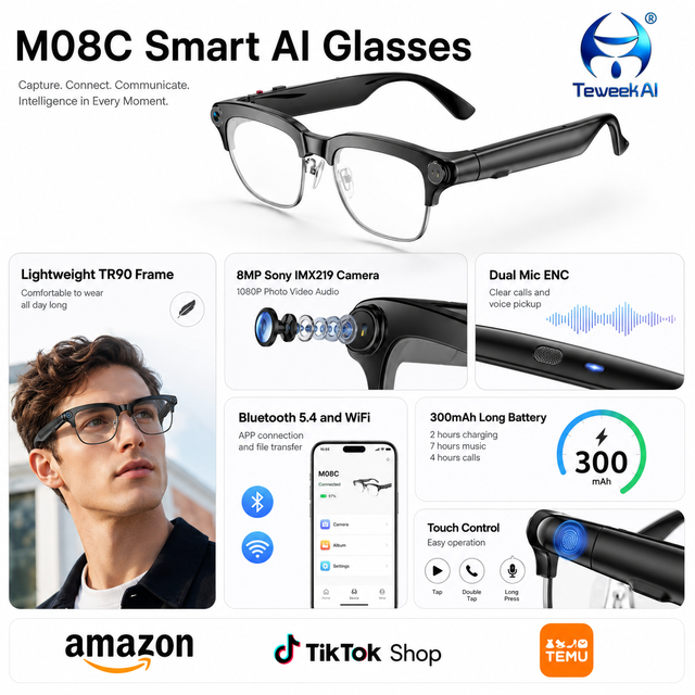 M08C Smart AI Camera Glasses 1080P Video Photo Recording 54 WiFi App Transfer Music Call Wearable Outdoor