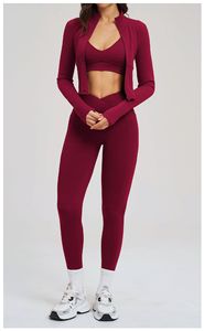 Conjunto de Yoga de Tres Piezas para Mujer de Alta Calidad, Spandex/Nylon, Sujetador Deportivo Sin Costuras a Prueba de Impactos, Chaqueta con Cierre, Leggings de Cintura Alta con Efecto Levanta Glúteos - Product Image 5