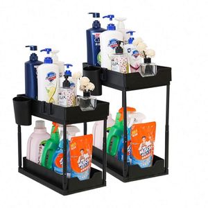 BX 2 Pack Modern Metal & PP Under <b>Sink</b> Dish Drying Storage Double Tier Standing Cabinet <b>Basket</b> Organizer Hooks Kitchen - Product Image 2