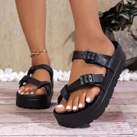 Sandalias de Plataforma con Doble Correa Ajustable y Hebilla, Punta Abierta, Color Negro, para Mujer, con Logotipo Personalizado, Colección Casual de Verano