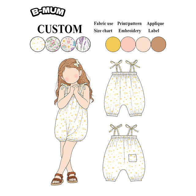 Custom Star Print Toddler Suspender Romper Cotton Gauze Baby Playsuit OEM ODM Summer Breathable Kids Jumpsuit